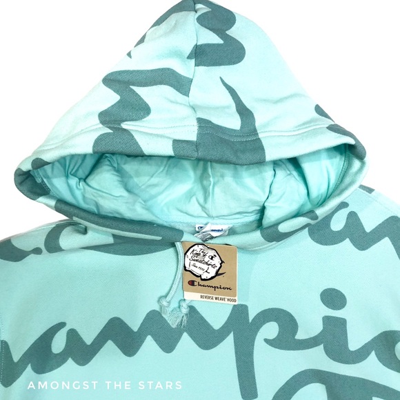 Champion Reverse Weave AOP Script Logo Mint Hoodie - Picture 2 of 5